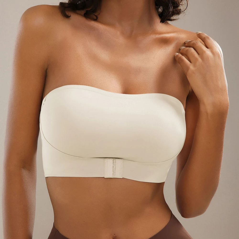 Women's Strapless Push Up Bra Sexy Seamless No Padding Front Button Bra Comfortable Smooth Backless Non Slip Unlied Brassiere