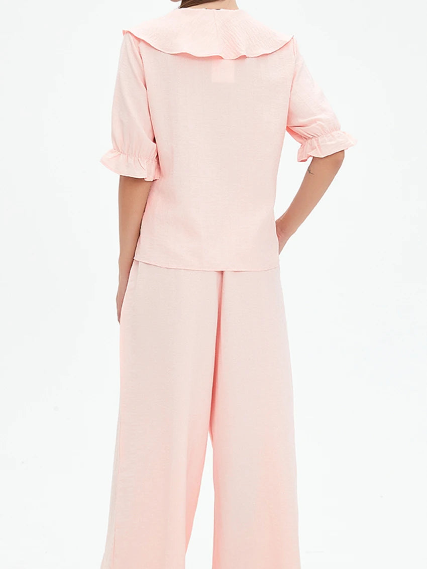 Women Linen Pajama 2 Piece Set Short Sleeve Front Ruffle Shirt PJs Pants Lounge Cute Sleepwear Casual Homewear Set