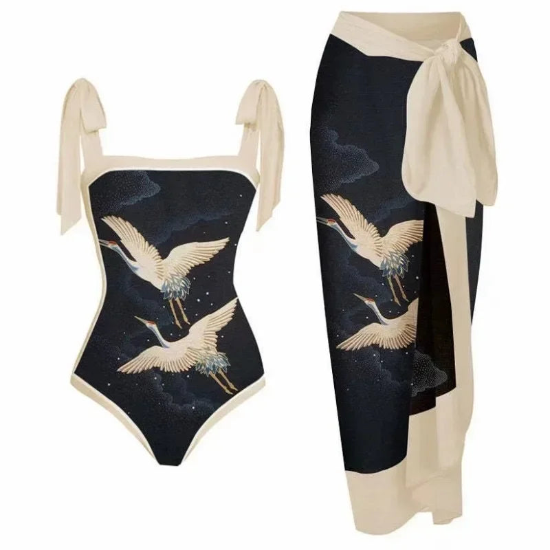 Fashion Women Cover Swimsuit Retro Print Gorgeous One-Piece Suit with Swimwear Beach Casual Swimwear Skirt That Wraps Hips
