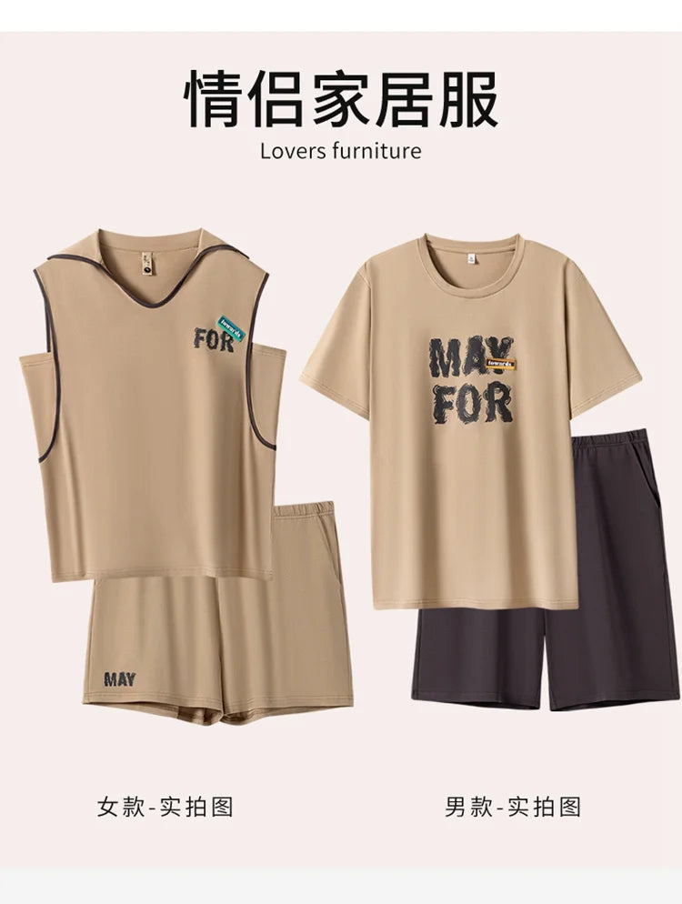 Couple Pajama Set Summer 100% Cotton Pyjamas Men and Women Sleeveless Pijamas