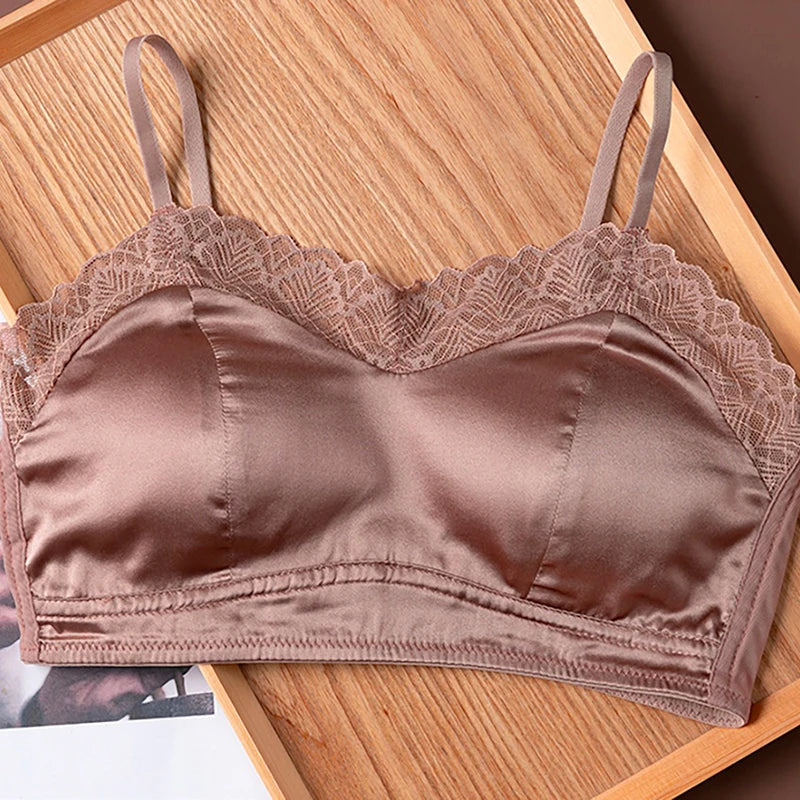 Lace Bralette Bra for Women 19 Momme Mulberry Silk No Underwire Wireless Full Coverage Lightly Lined Adjustable Skinny Strap
