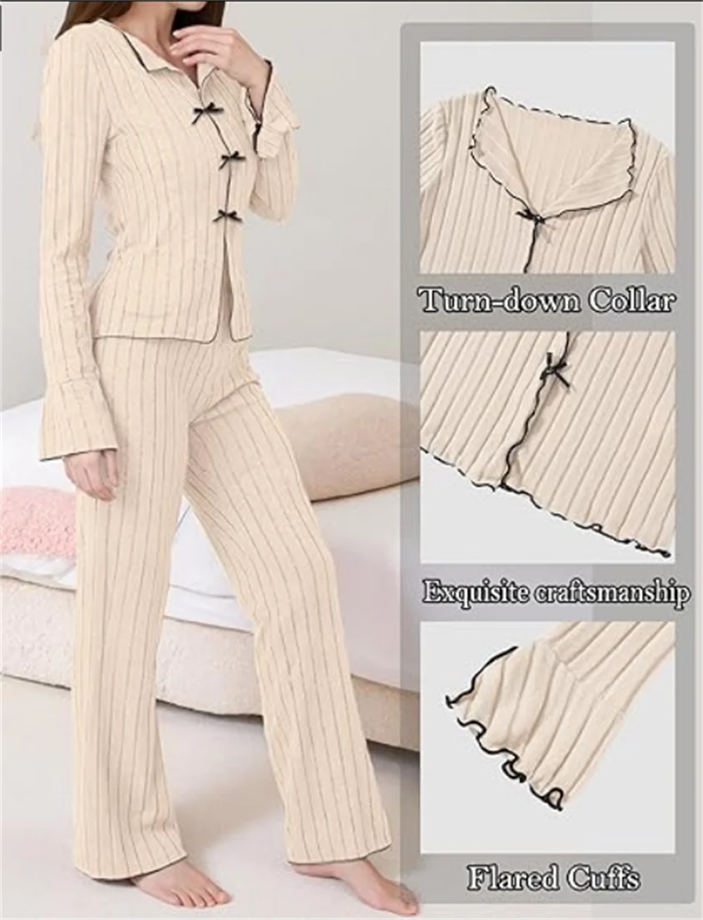 Ribbed Knit Pajama Sets Long Sleeve Lounge Set for Women  Button Top Full Length Pants 2 Piece Fall Casual Outfit Sets