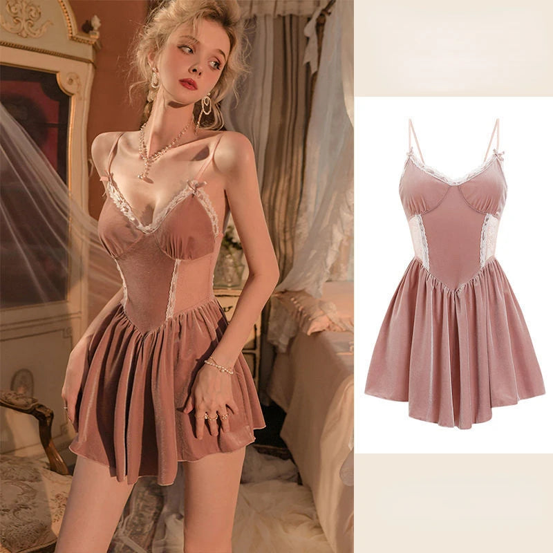 Women Robe Nightwear Lace French Nightgown Sleepwear Hollow out velvet camisole Lingerie Robe 2022 Spring Autumn Set Sexy Sweet
