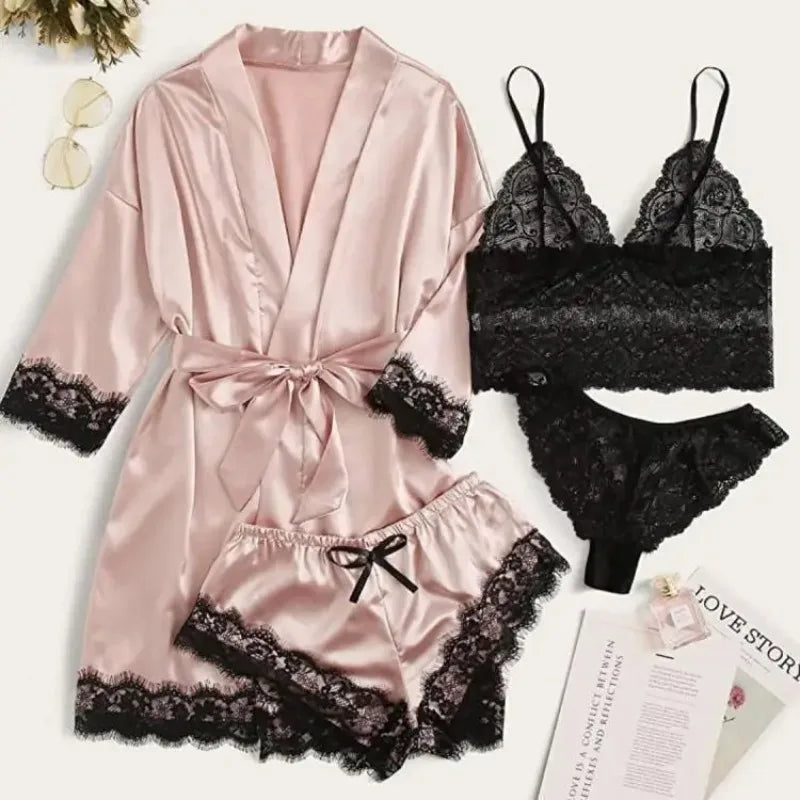 4PCS Satin Pajama Set with Robe - Lace Trim Cami Top & Shorts, The Viral Must-Have Elegant Loungewear for Women's Sleepwear
