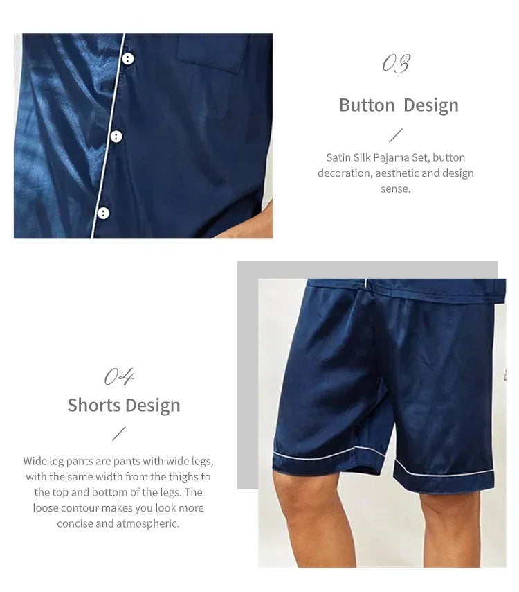 Plus Size Men's Pajama Set Faux Silk Lapel Cardigan Student Homewear Simple Short Sleeve Shorts Set Premium Feeling Solid Colour