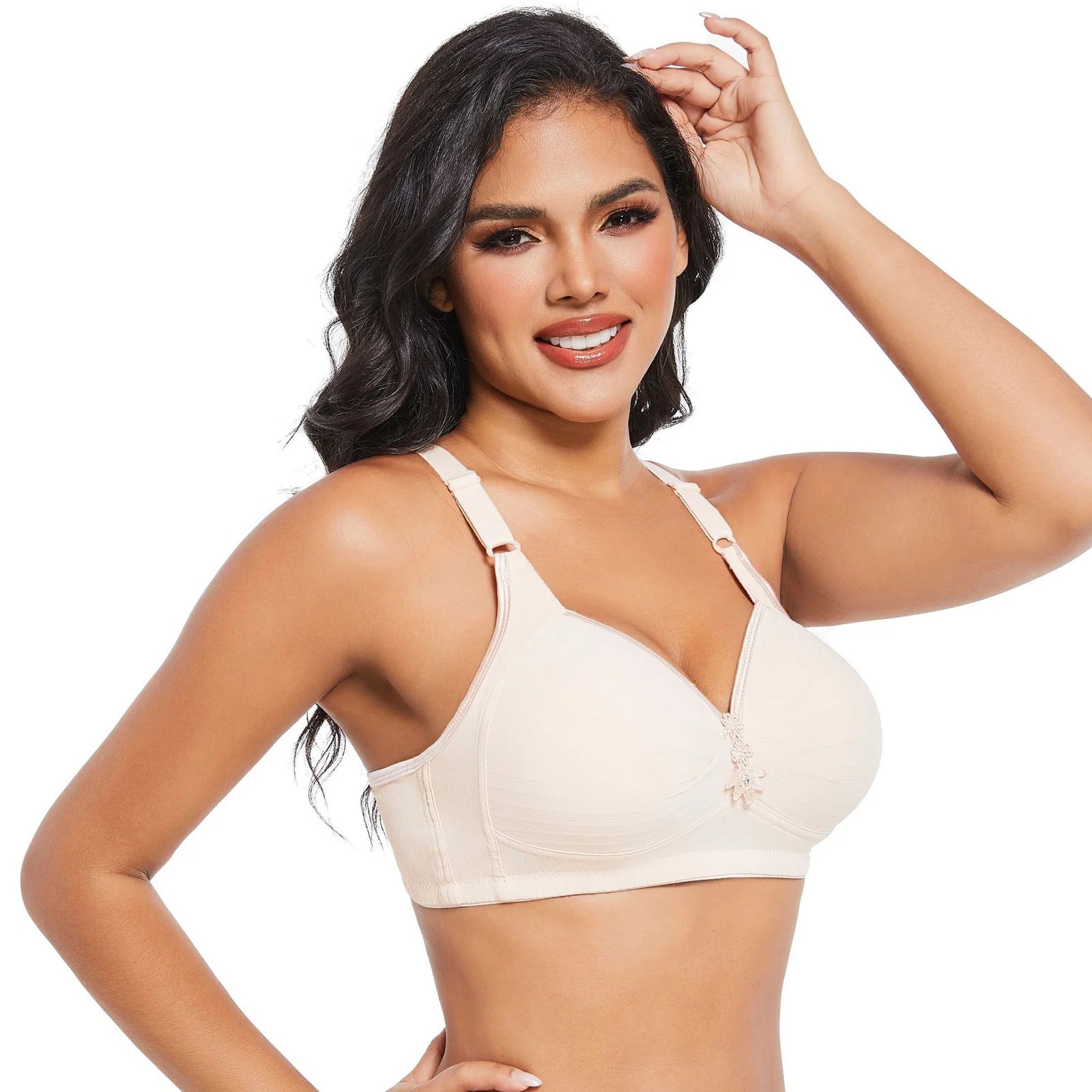 Elegant Skin Tone Textured Bra Chic Wireless Full Coverage Underwear Stylish Push Up Rhinestone Detail Lingerie Women