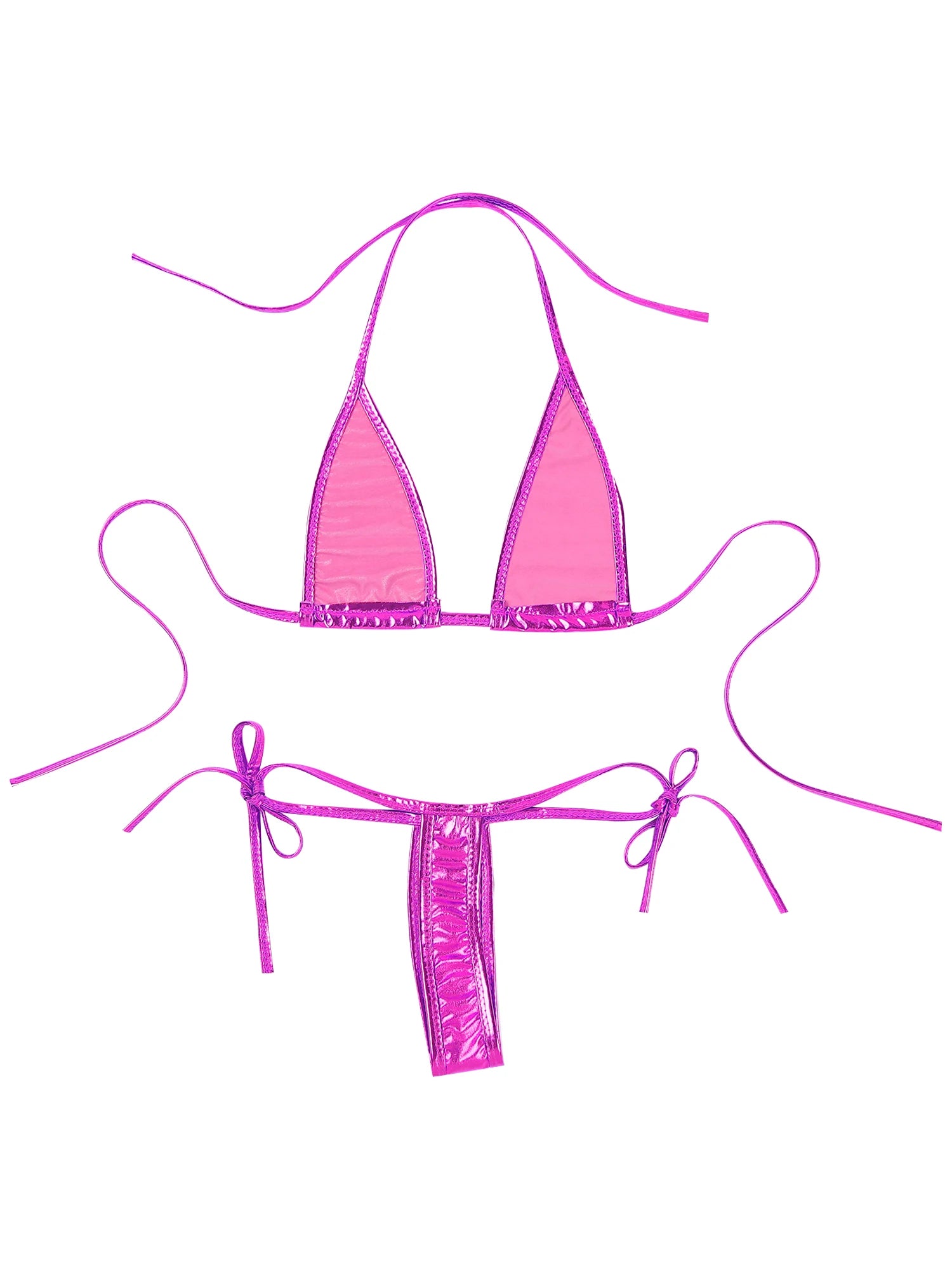 Womens Brazilian Micro Bikini Swimsuit Metallic Shiny Lacing Non-Padded Triangle Cup Bra Top with G-String Swimwear Biquini Set