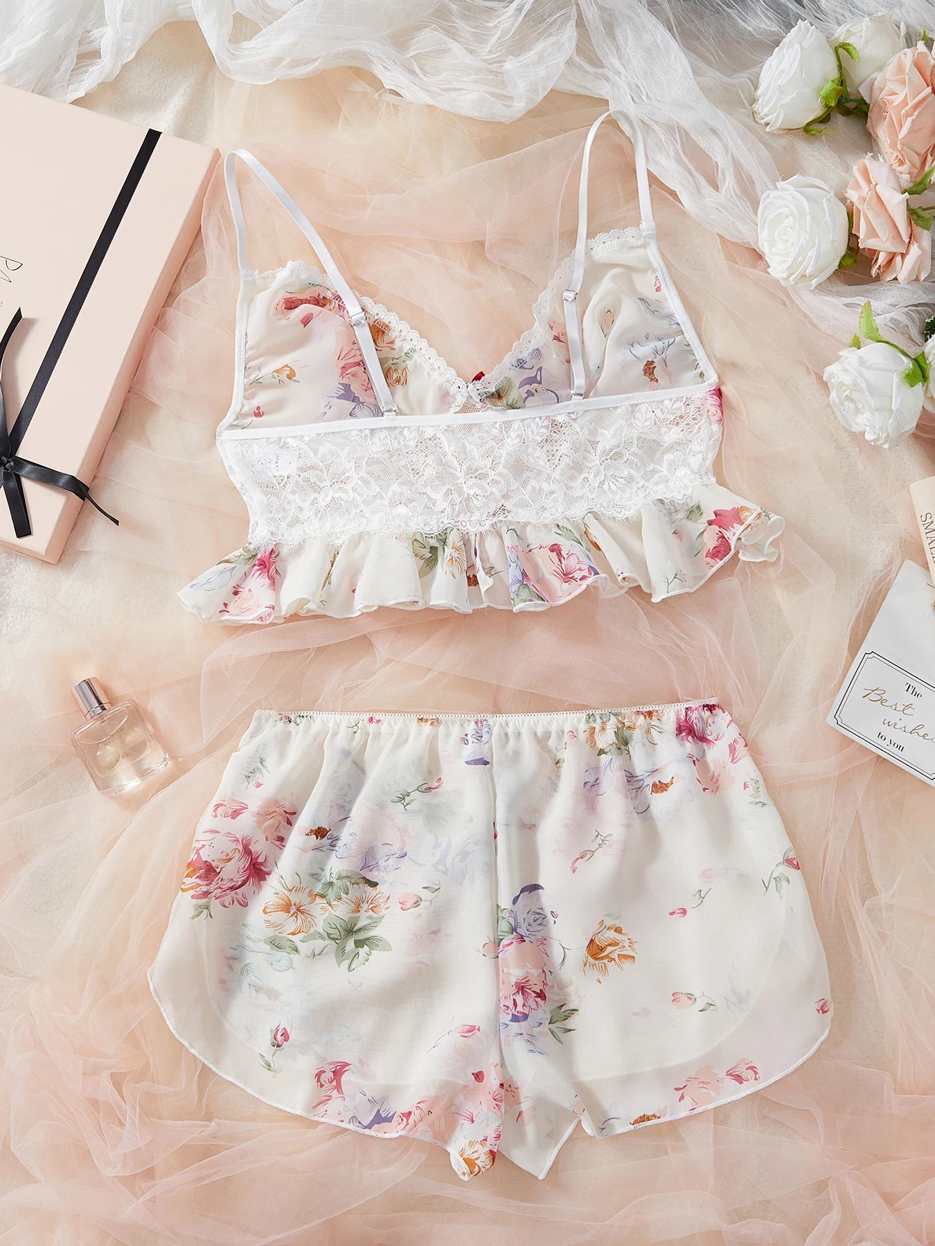 Plus Size Floral Lingerie Set - Chiffon Camisole with Lace Trim, Ruffled Shorts, Romantic Flower Print, Soft & Breathable. sexy