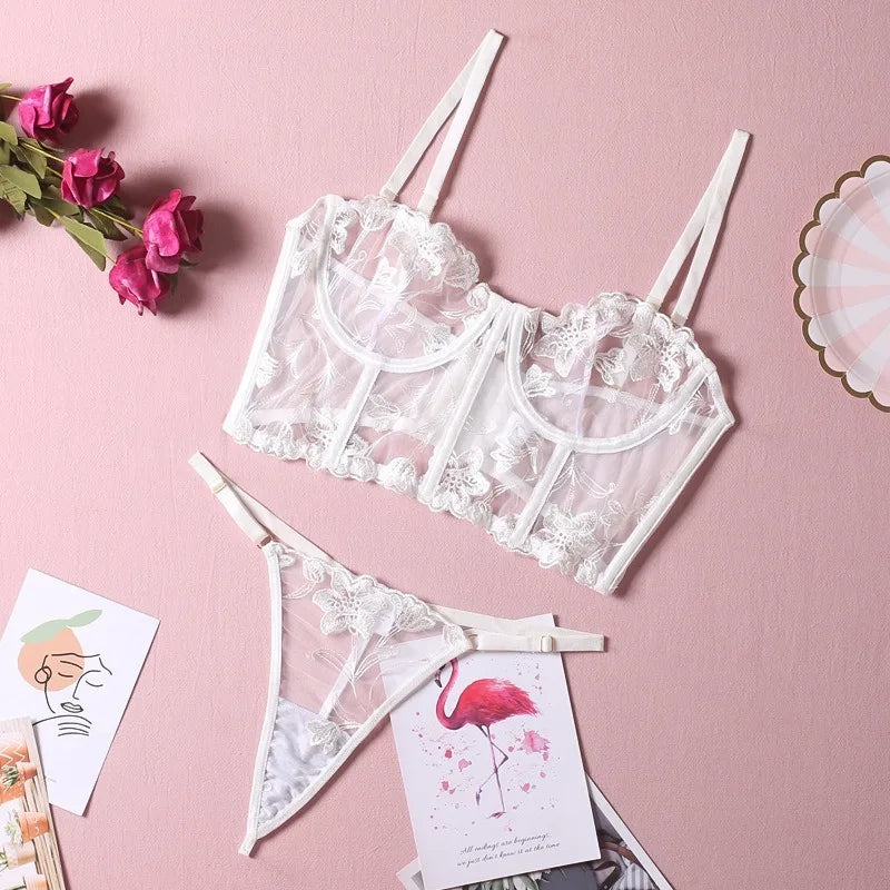 Womens Lingerie Set  White Embroidered Fish-bone Bra Underwear, Thong, Tank Top - A Set of Sexy Lingerie in A Variety of Styles