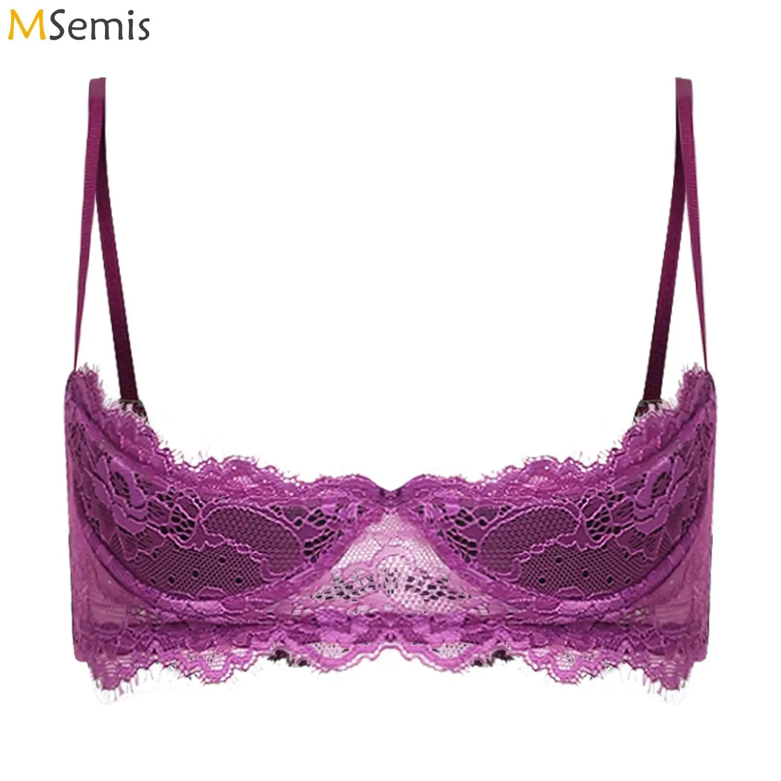 Women Padded Cup Push-up Underwire Bra Balconette Lingerie 1/4 Cup Floral Lace Single Bra Exposed Nipples Chest Halter Brassiere