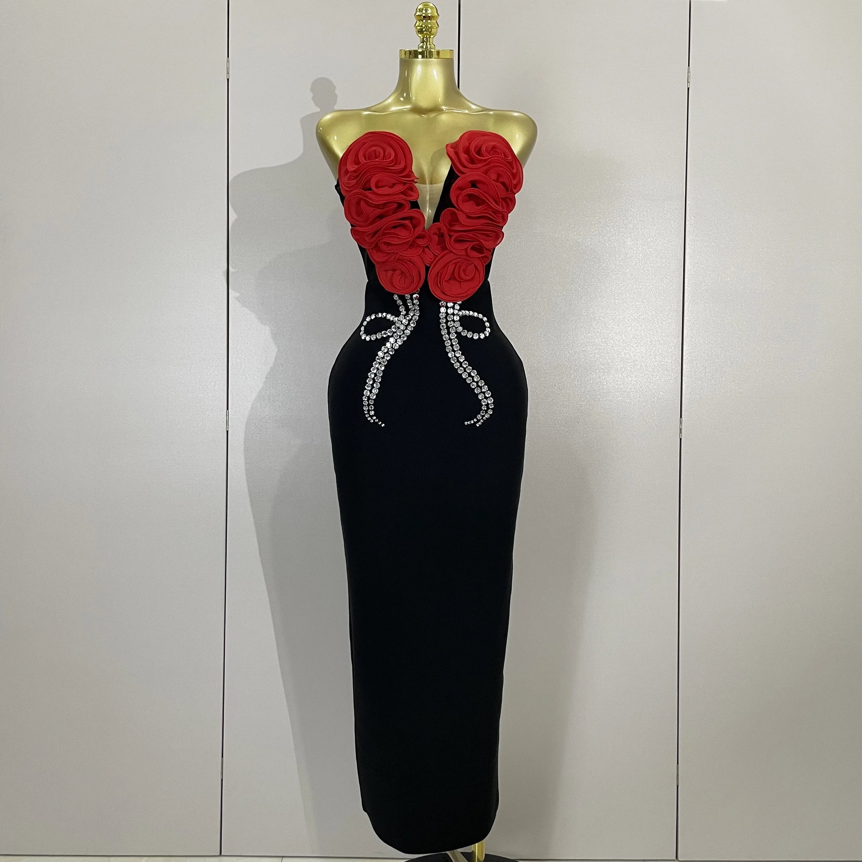 Sexy Off Shoulder Flower Diamonds Long Bodycon Bandage Dress Women Celebrate Evening Birthday Party Dress Wedding Guest Gown