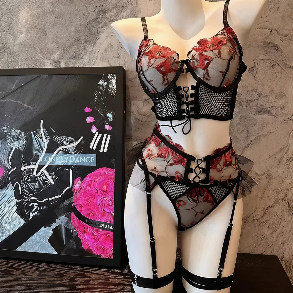 Sexy Lingerie Set Women Purple Hollow Embroidery Flower Patterns Mesh Perspective Splicing Lingerie Role Play Temptation Costume