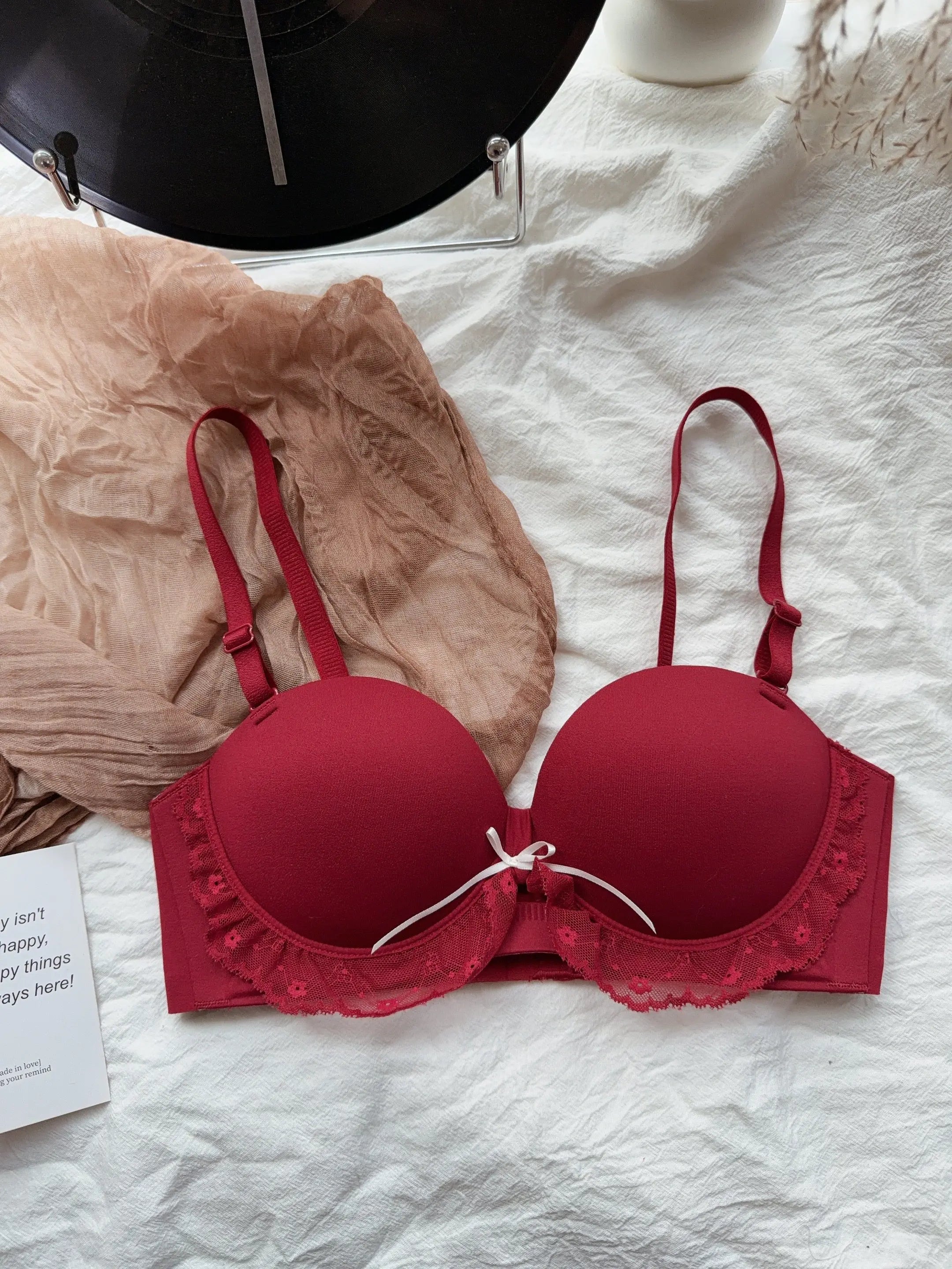 YEMOMO Red Half-Cup Lace Bra Set for Small Chests Adjustable Support Anti-Sagging Push Up Sexy Lingerie Set Women Birthday Gift
