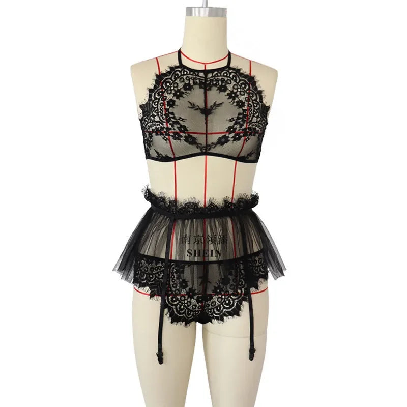 Sexy Lace Lingerie Sets See Through Erotic Bra Panties Garters Underwear Flirting Costumes Clothes Sex Outfits for Women