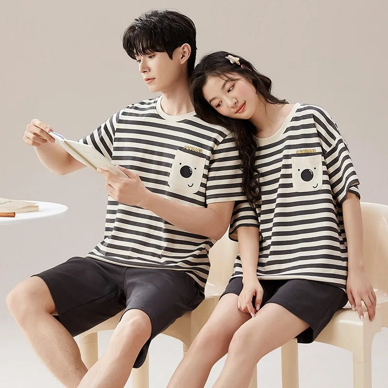 Lovers Pajama Set Cotton Cartoon Cute Nightwear For Men Women Homewear Plus Size Summer Thin Pyjamas Couples Pjs Loungewear