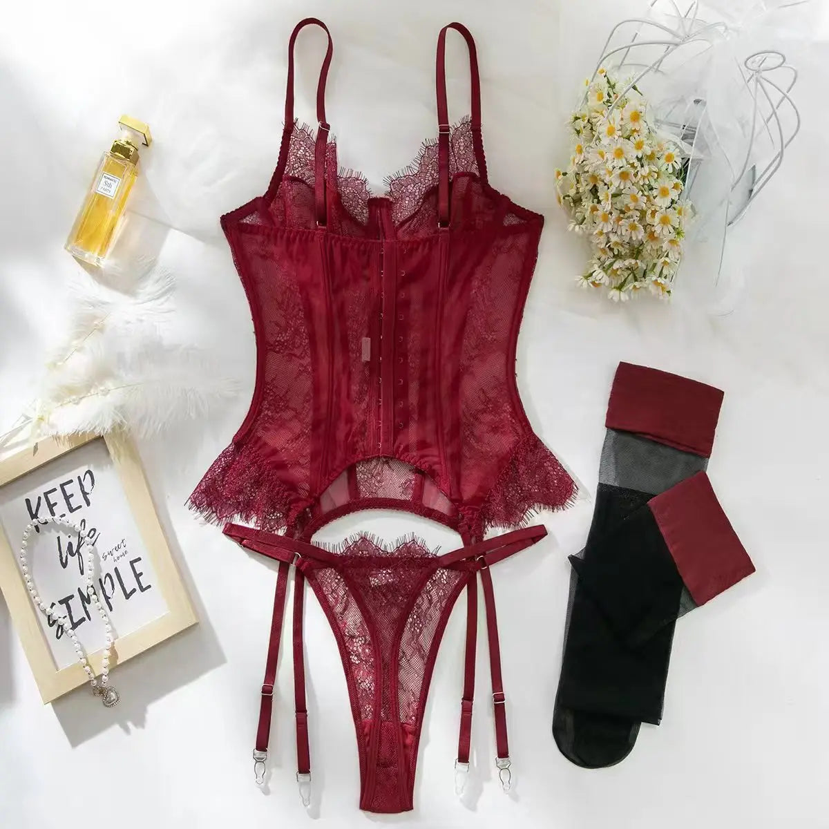 Sexy Lace Corset Lingerie Set for Women Push Up Bustier Bodysuit Boned Waist Cincher Garter Belt Stockings Erotic Underwear Set
