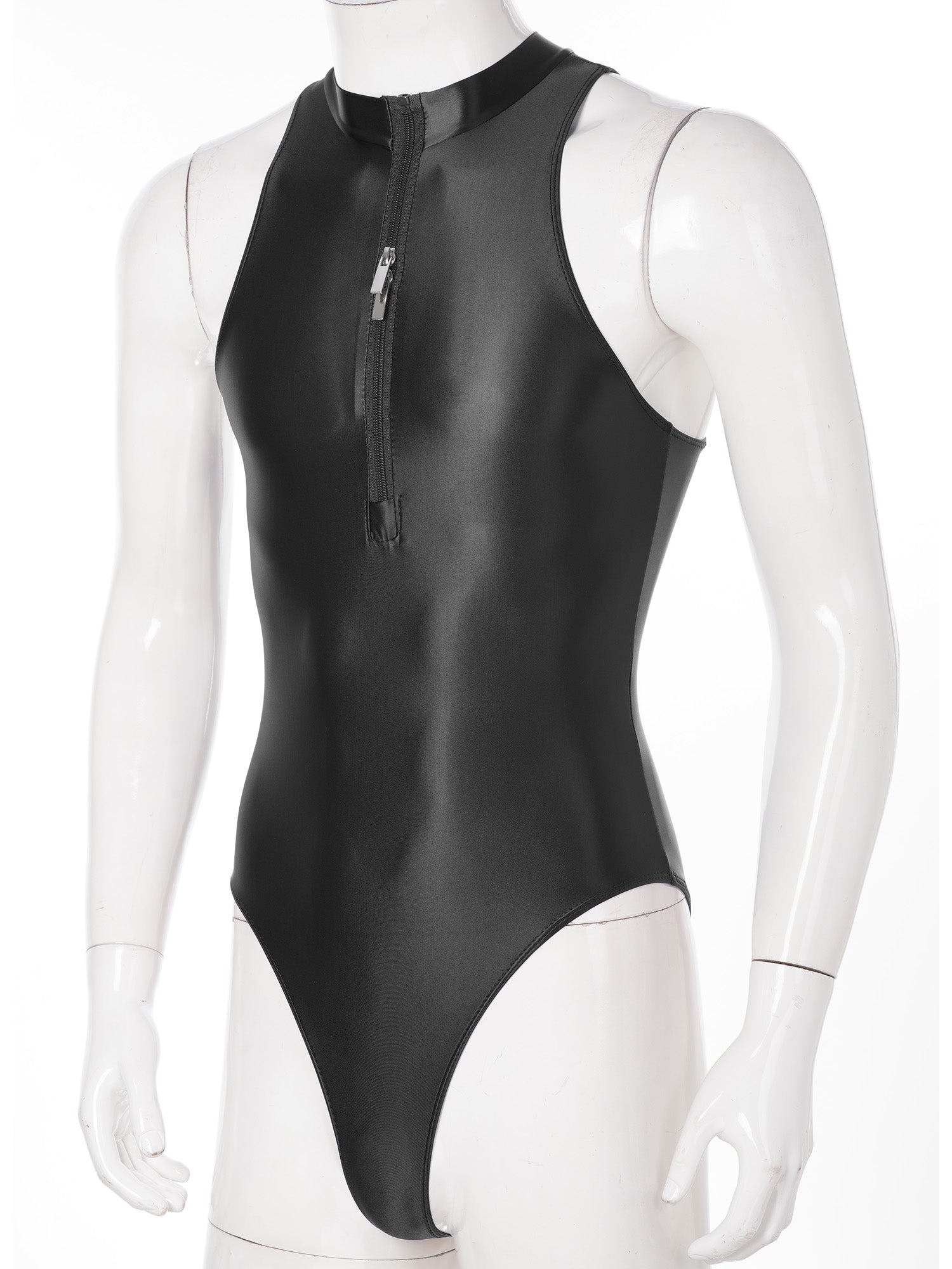 One-Piece Men's Swimsuit Glossy Sleeveless Bodysuit Swimwear Solid Color Front Leotard Hommes Bathing Suits Party Clubwear