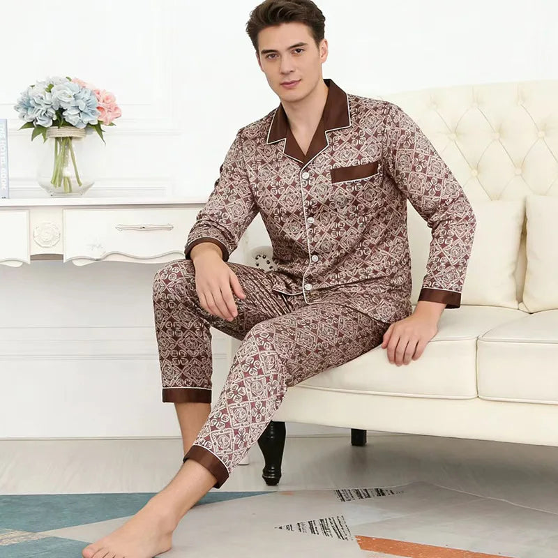 2PCS Men's Geometric Print Pajama Set Loungewear Spring New Thin Polyester Ice Silk Sleepwear Plus Size Homewear Pijamas Suit