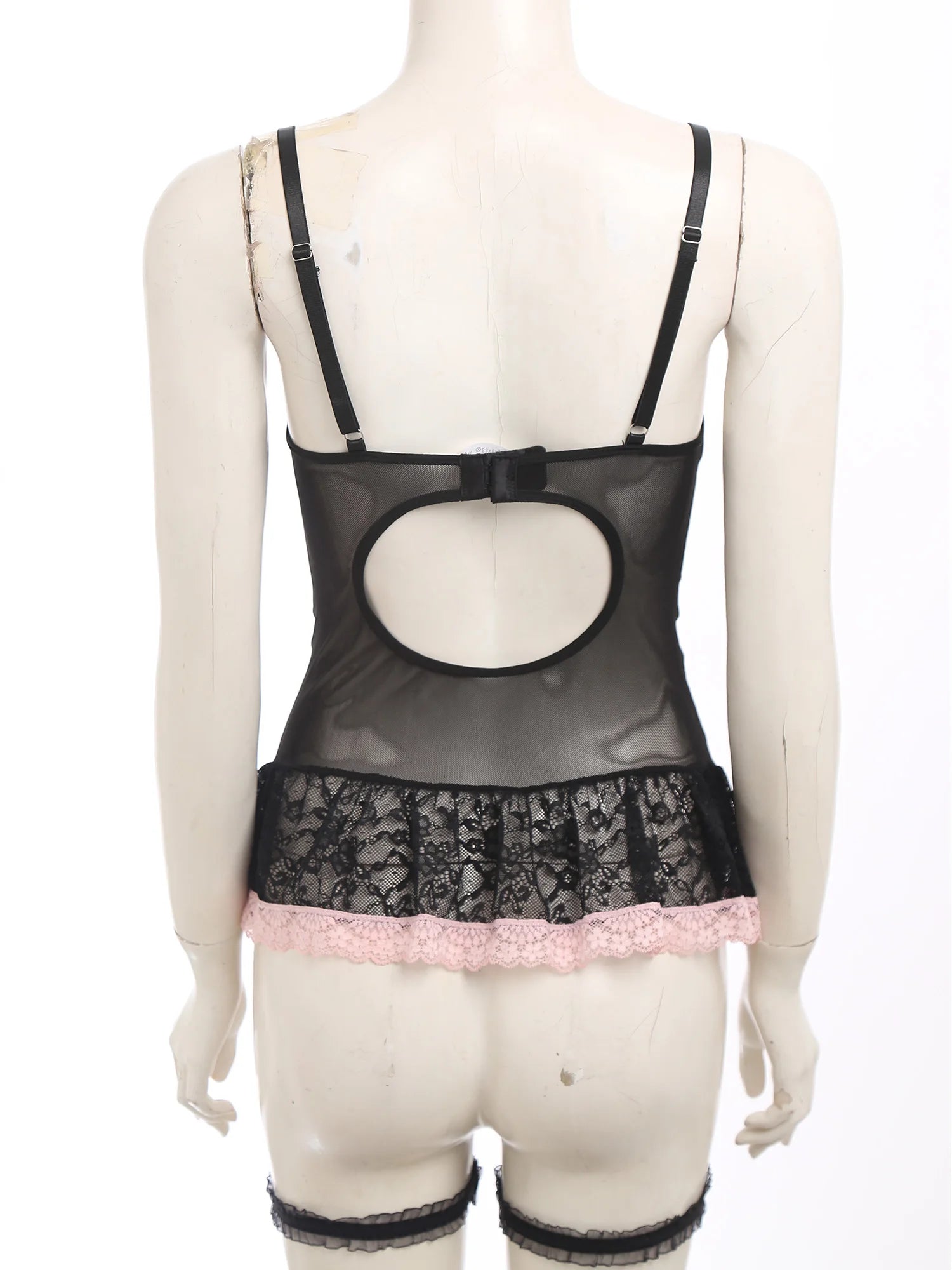 Womens Lingerie Bra And Panty Garter Set Floral Lace Bowknot Lace-up See-through Dress Top with G-string Garters And Thigh Loops