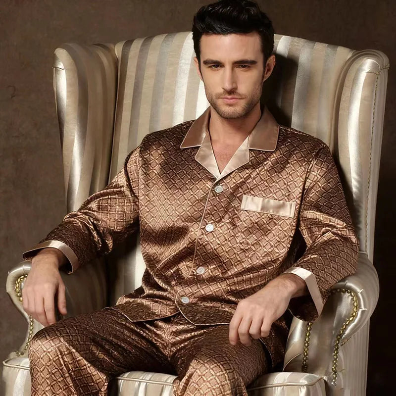 2PCS Men's Geometric Print Pajama Set Loungewear Spring New Thin Polyester Ice Silk Sleepwear Plus Size Homewear Pijamas Suit