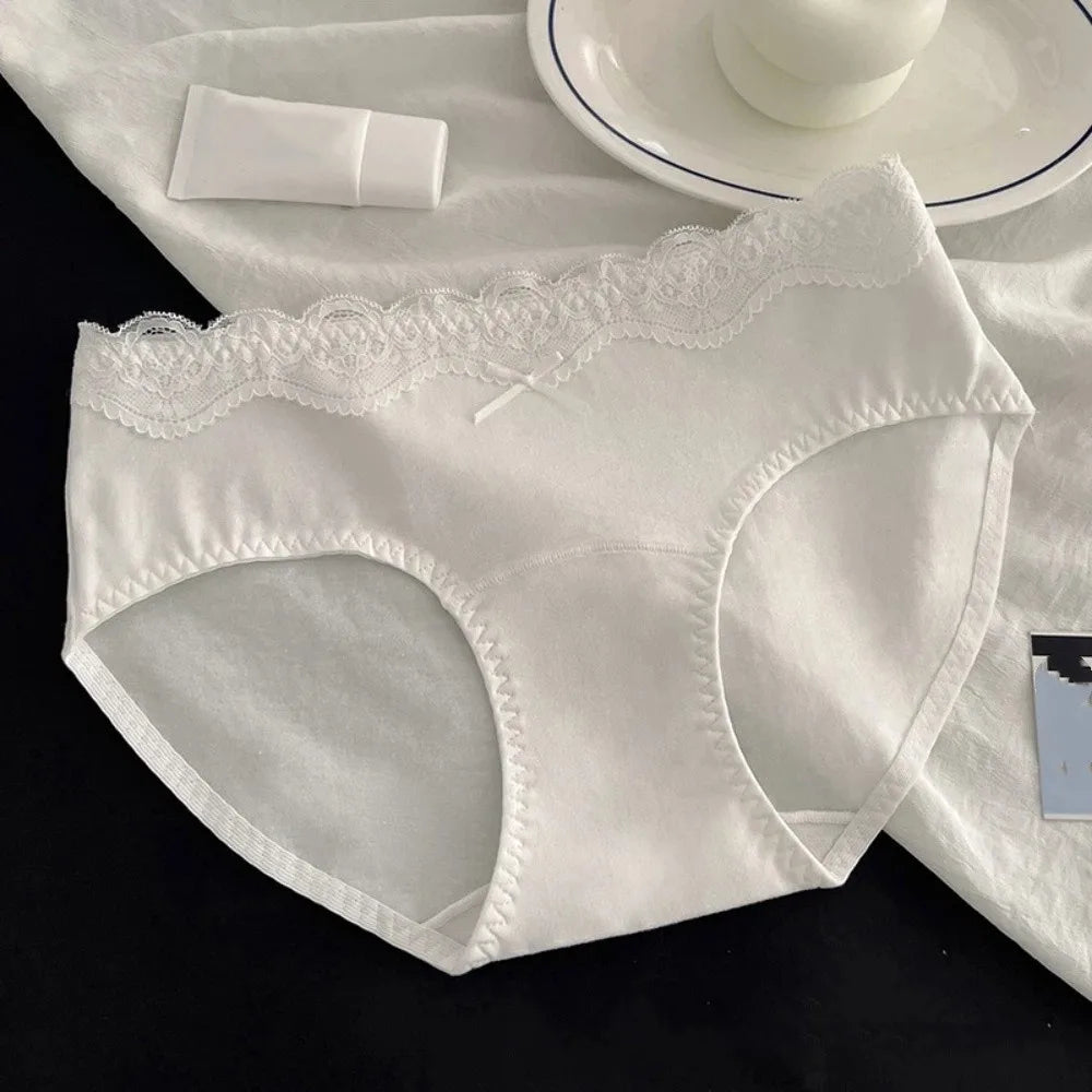 Lingerie Bow Lace Cotton Panties Transparent Seamless Underwear for Women Mid Waist Soft Floral Lace Briefs Spring Summer