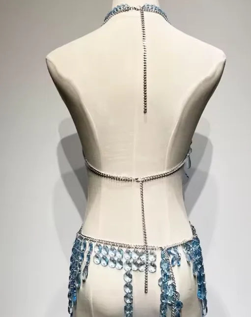 Blue Beaded Bikini Rave Body Party Bridal Wedding Accessories Fringe Chain Mermaid Bra Top Beachwear Lingerie Harness Bralette