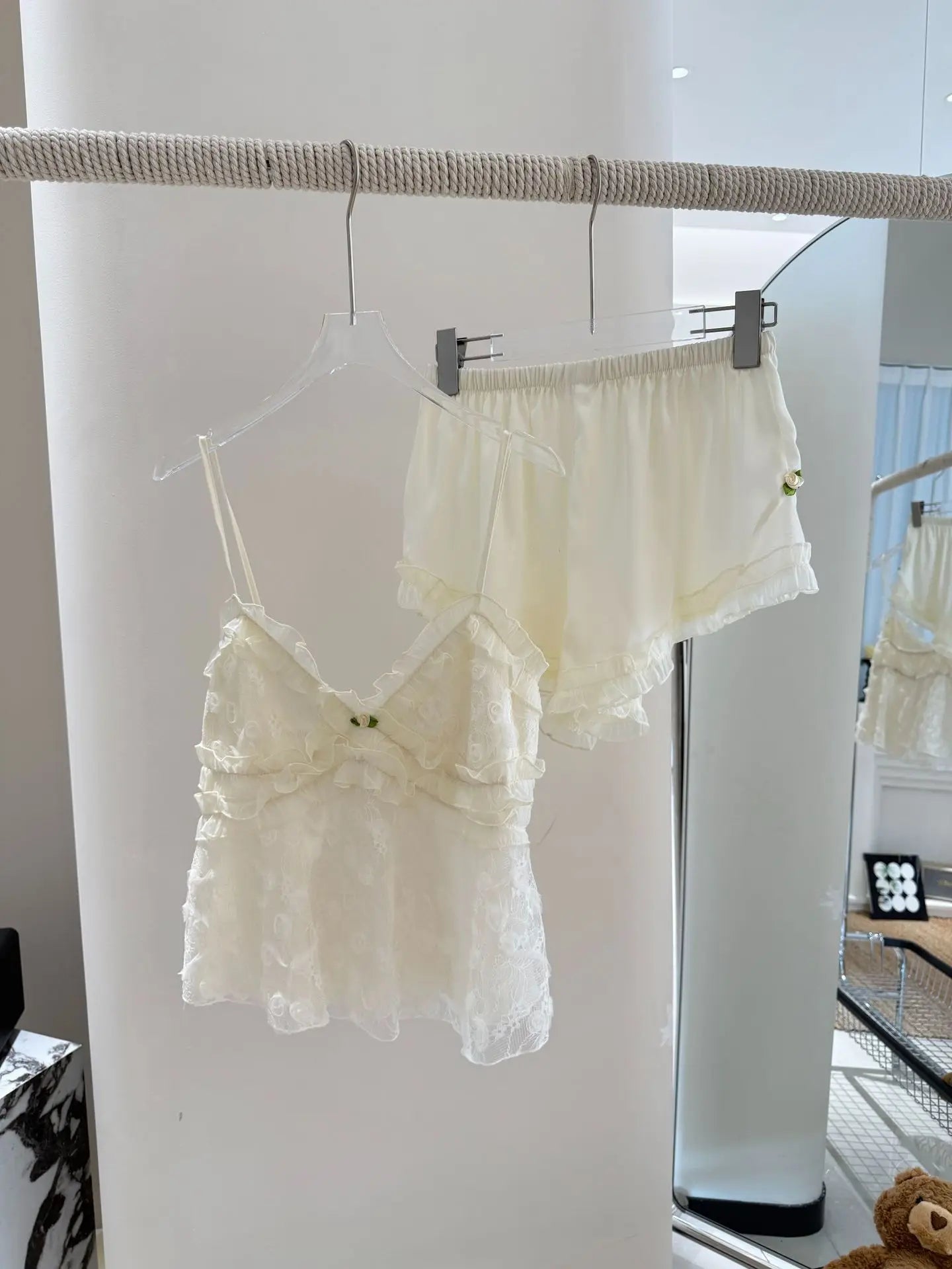 Sexy Perspective Lace Suspender Pajamas Set Intimate Lingerie Summer Women Sleepwear Loungewear Silky Satin Pyjama Homewear