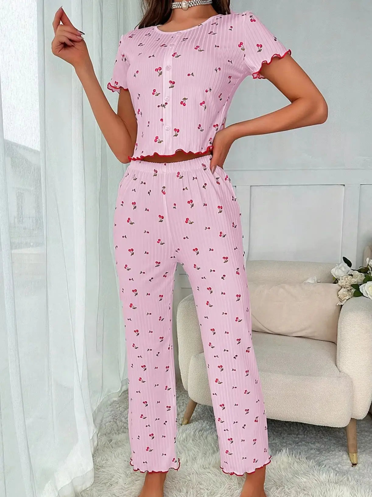 Comfortable pajama set, featuring a Cherry  printed short sleeved top and elastic waistband with lotus edges