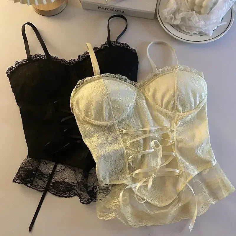 Sexy Lace Corset Crop Top Women Sleeveless Bandage Camisole Fashion Sling Tank Top Streetwear Blouse