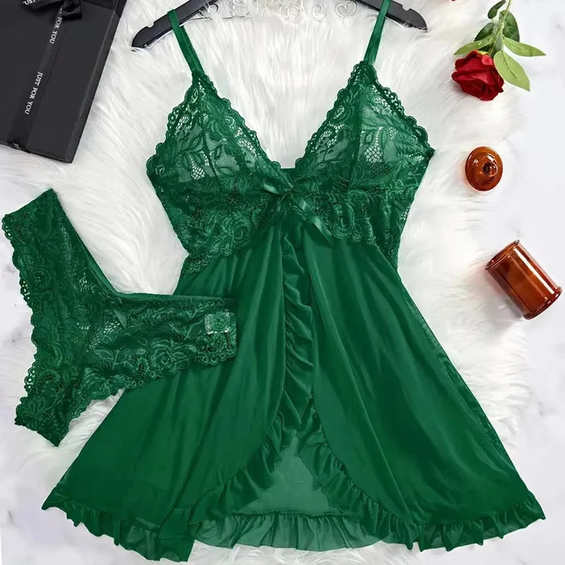 Sexy Lingerie Set Women Erotic Bra Nightdress Sexy Lace Sleepwear Solid Slim Soft Dresses V Neck Full Slip Sleepwear & Dresses
