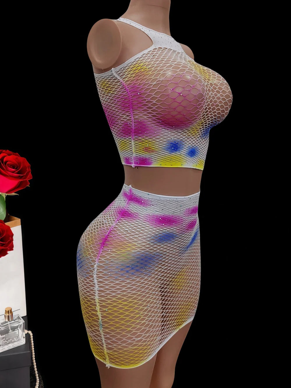 Sexy lingerie women rhinestone top and skirt sexy costumes sets hot erotic underwear nightgown Elastic tight fitting intimate