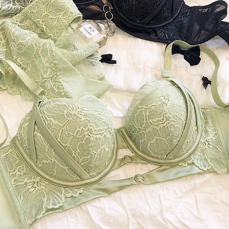Sexy Lace Lingerie Set with Large Chest Gathered, Anti Sagging, And Adjustable Breasts, Comfortable Soft Steel Ring Bra Set
