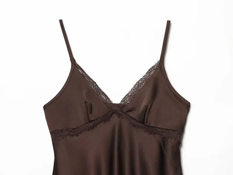 Ladies Silky Satin Slip Dress, Sexy V-Neck Lace Trim Spaghetti Strap Mini Dress, Lightweight for Summer Casual Outings