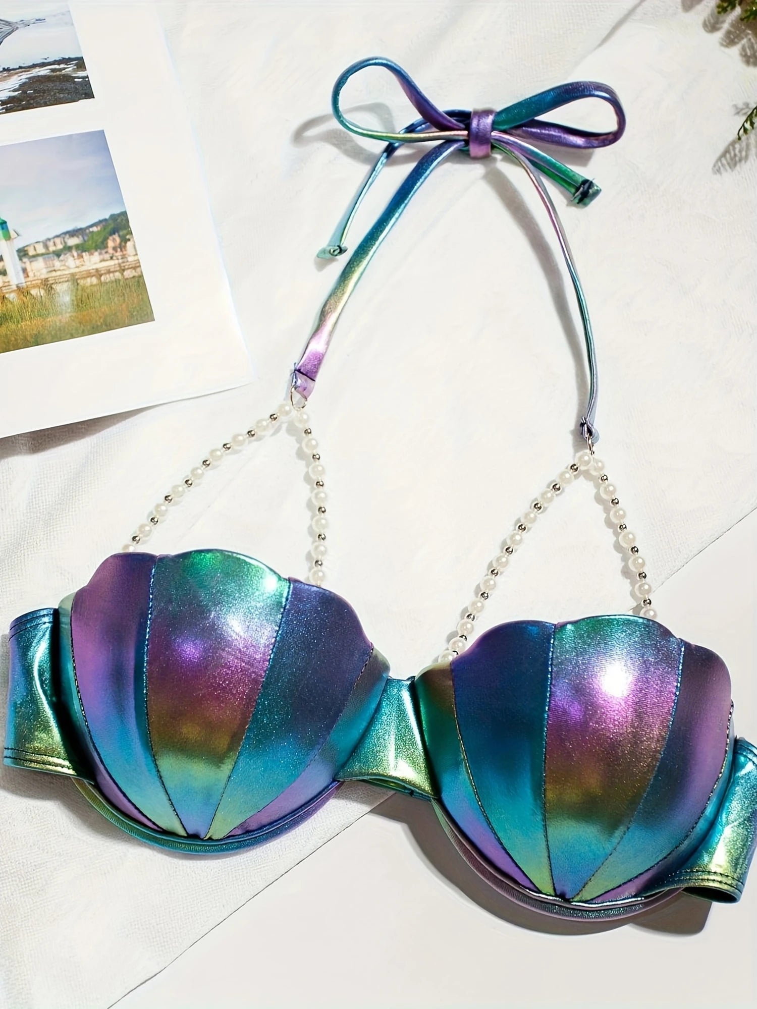 Women's Seashell Bikini Tops Sexy Halter Neck Spaghetti Straps Bathing Suit Bra with Pearl Chain