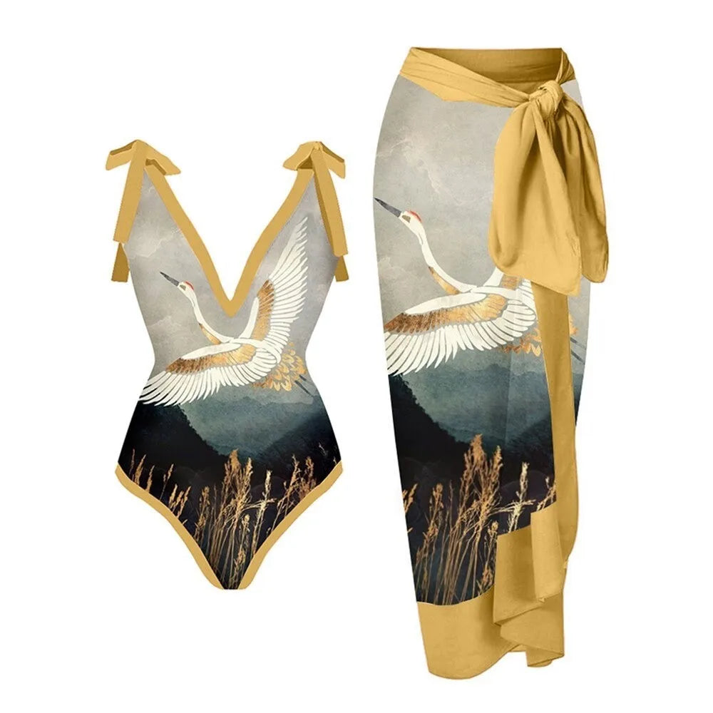 Fashion Women Cover Swimsuit Retro Print Gorgeous One-Piece Suit with Swimwear Beach Casual Swimwear Skirt That Wraps Hips