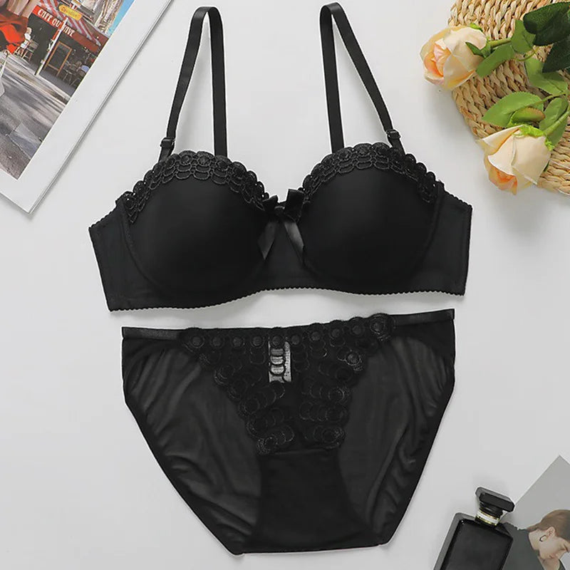 Women's Embroidered Lace Lingerie Set Sexy Push Up Bra with Underwire Bowknot Design Matching Panty Stylish Intimates for Girls
