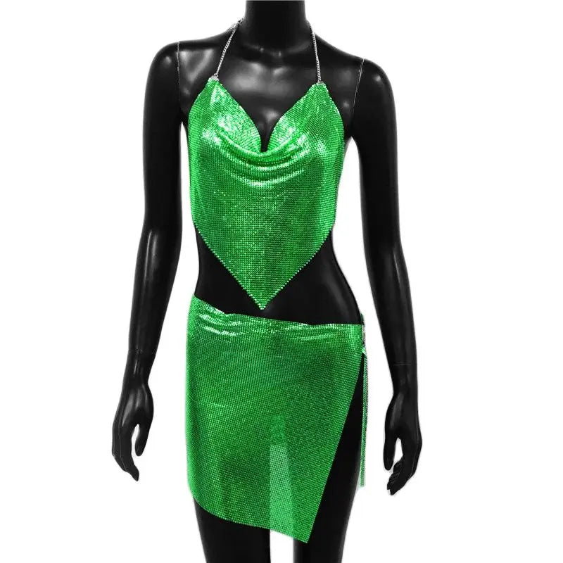 Sexy Metal Sequins 2 Piece Set Women Sleeveless Deep V Neck Backless Halter Tank Tops Split Mini Skirts Beach Party Outfits