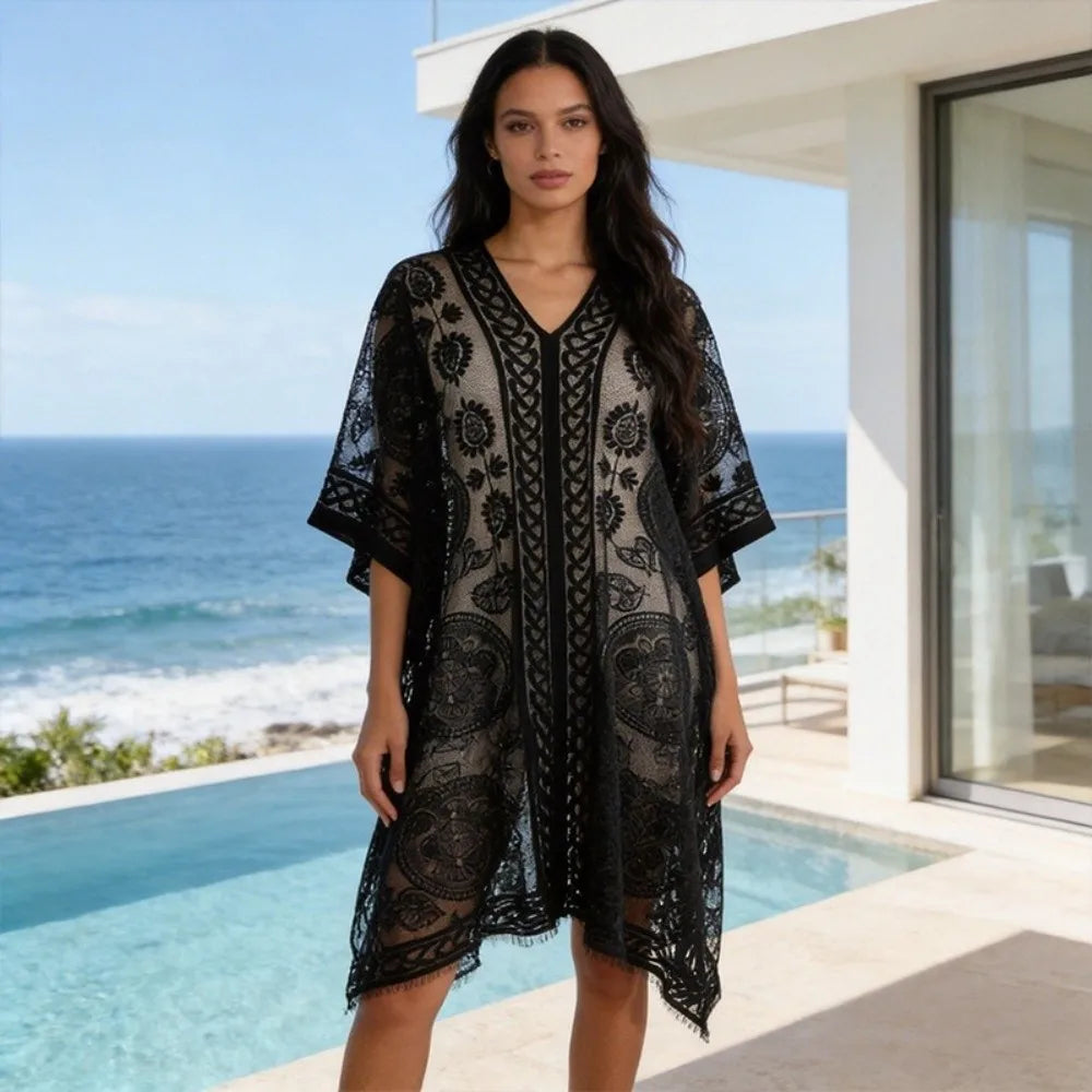 Breathable Lace Mesh Sunscreen Beach Cover Up Plus Size Casual Bohemian Shawl Transparent Floral Swimsuit Cover Up Vacation