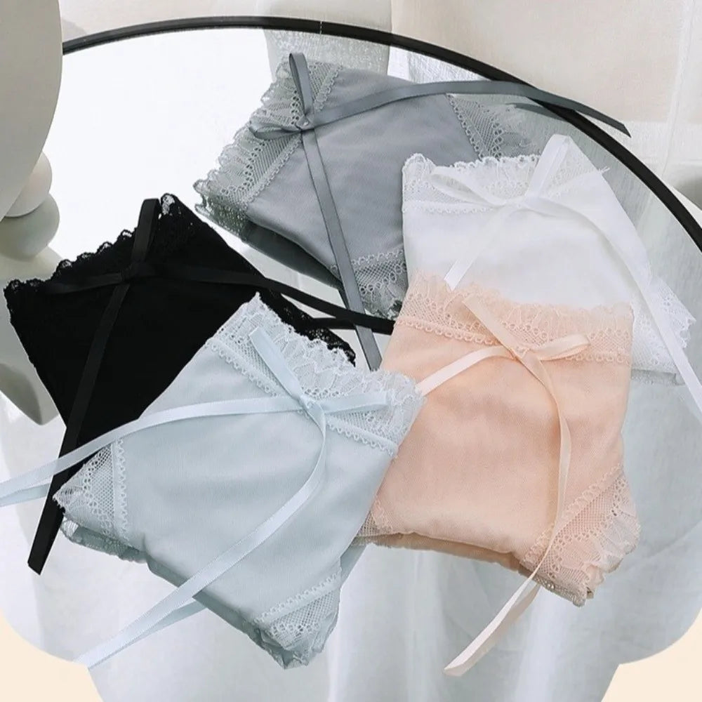 Lingerie Low Waist Lace Panties Ice Silk Cotton Crotch Mesh Briefs Bow Underwear for Women Summer
