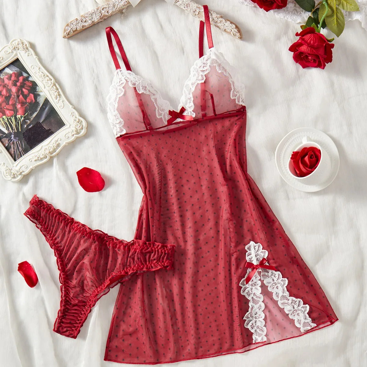 Lace Mesh Semi-Sheer Cami Nightdress Two-Piece Set
