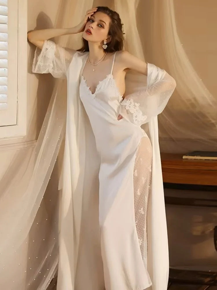 Women Lace Long Bathrobes Nightgown Kimono Robe Sleepwear Sexy Lingerie Nightwear Bride Wedding 2 Pcs Nightdress Robe Set