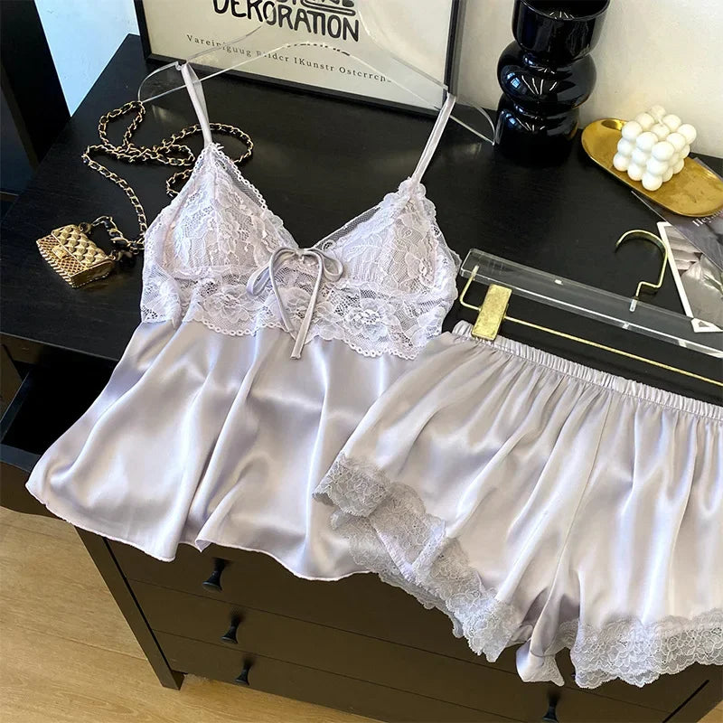 Sexy Intimate Lingerie Pajamas Set Hollow Out Lace Cami Shorts Pijamas Suit Spring Summer New Sleepwear Home Clothes Loungewear
