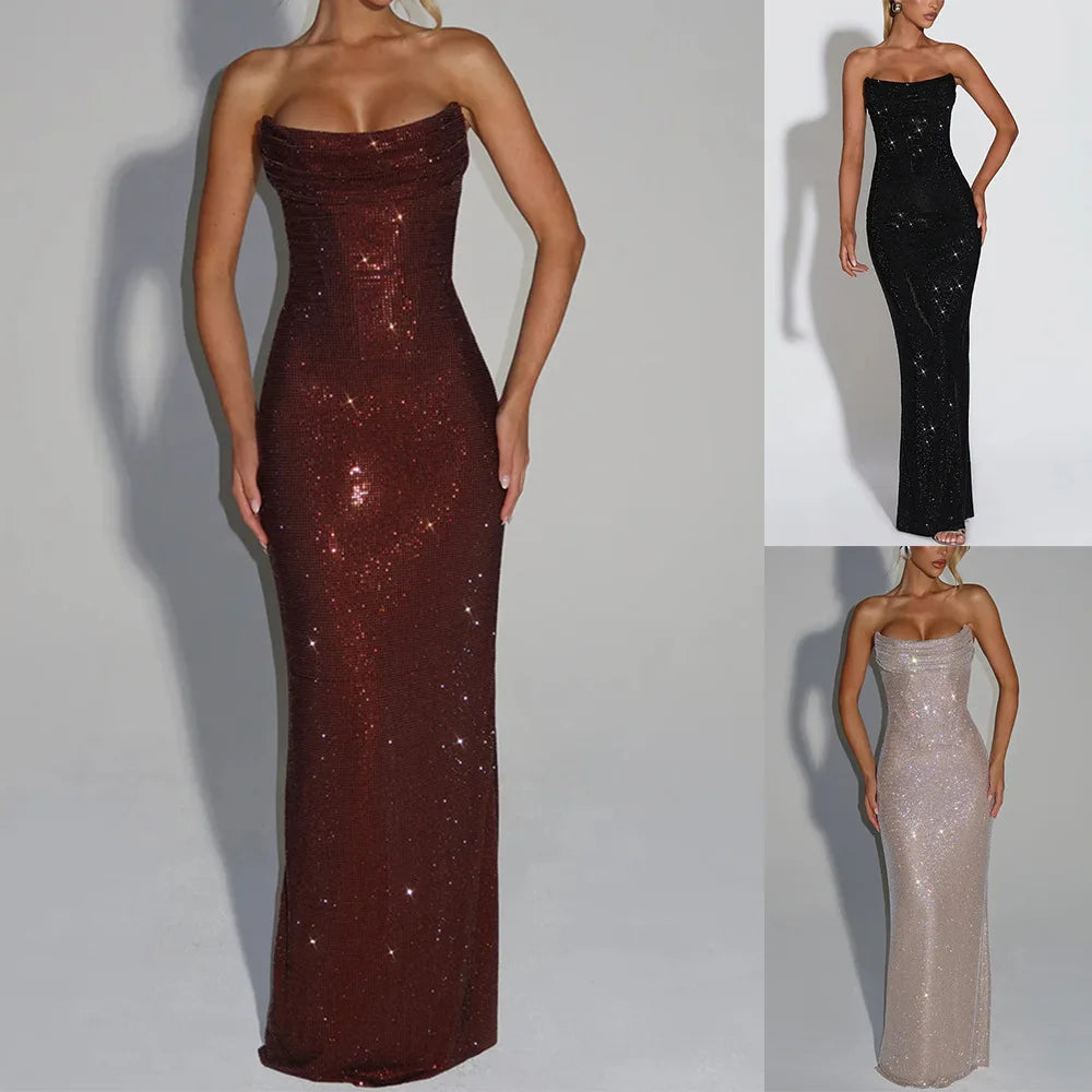 Sexy Socialite Sequin Tube Top Evening Dress Folds Low Cut Backless Leace-up Package Hip Slim Party Dresses Banquet Vestidos