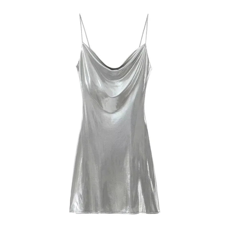 MUJER Slip Dress Women Glitter Backless Short Dresses for Women 2025 Sexy Gold Silver Dress Prom Gala Party Mini Dresses Woman