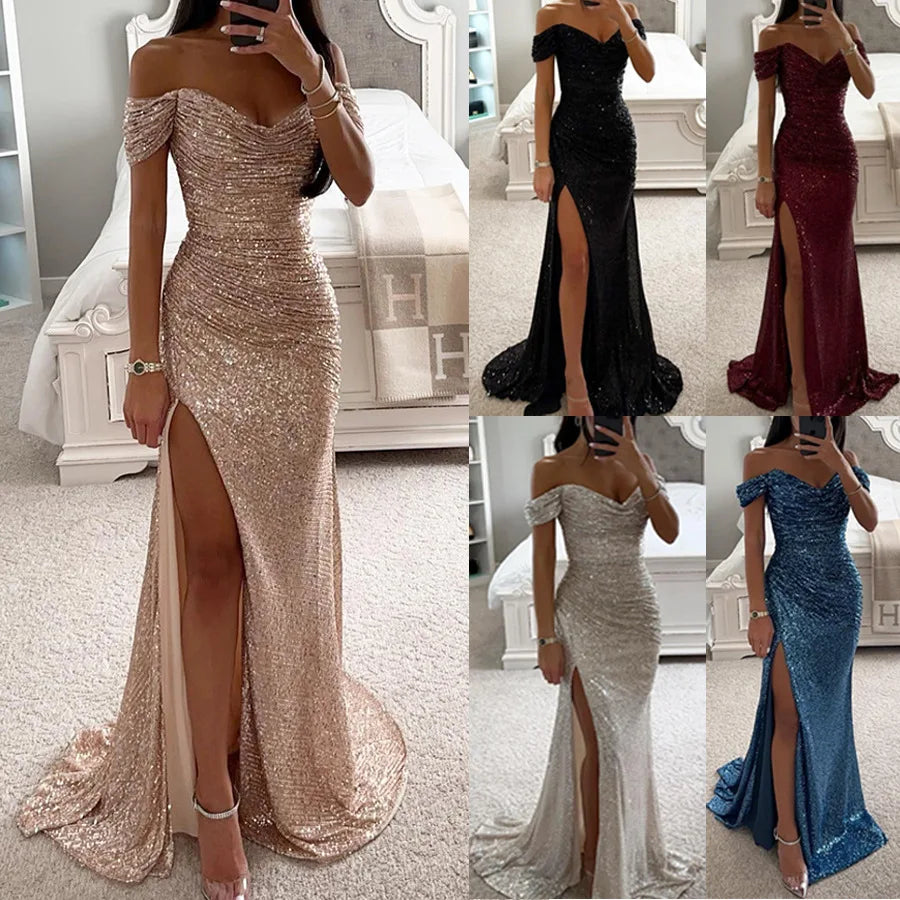 Sequin Long Dresses Women Sexy Off Shoulder Evening Dress Ladies Elegant Fashion Slash Neck Prom Female High Split Gown Vestidos