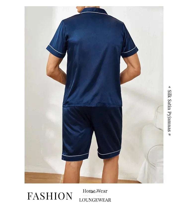 Plus Size Men's Pajama Set Faux Silk Lapel Cardigan Student Homewear Simple Short Sleeve Shorts Set Premium Feeling Solid Colour
