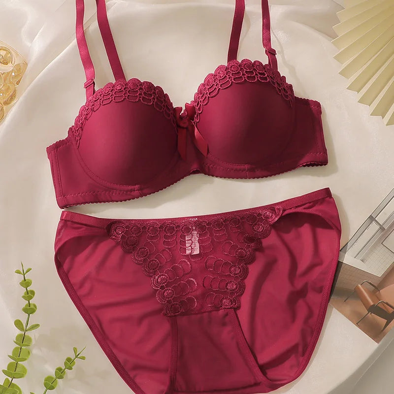 Women's Embroidered Lace Lingerie Set Sexy Push Up Bra with Underwire Bowknot Design Matching Panty Stylish Intimates for Girls