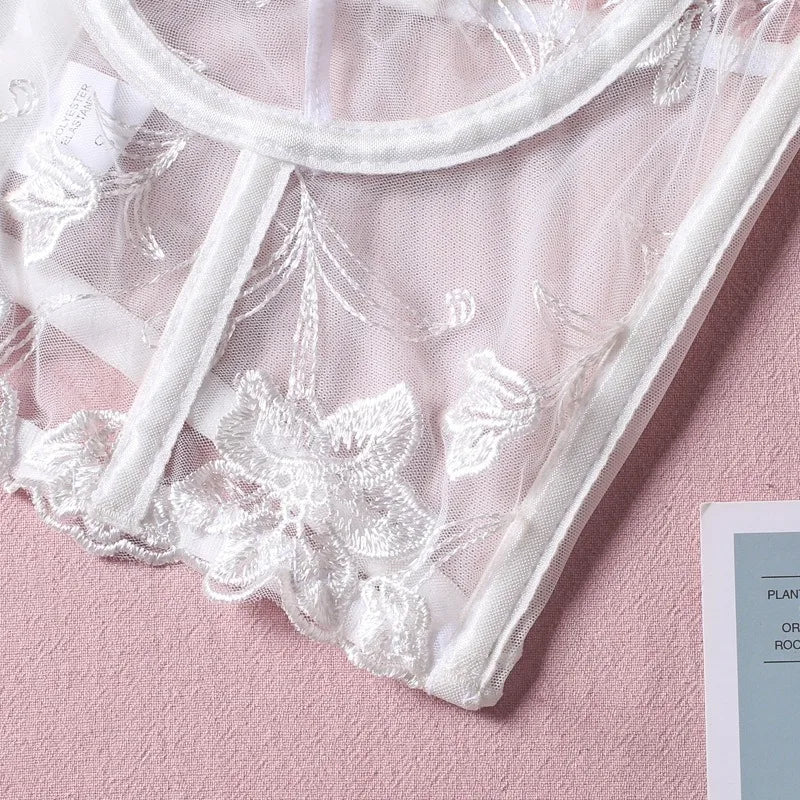 Womens Lingerie Set  White Embroidered Fish-bone Bra Underwear, Thong, Tank Top - A Set of Sexy Lingerie in A Variety of Styles
