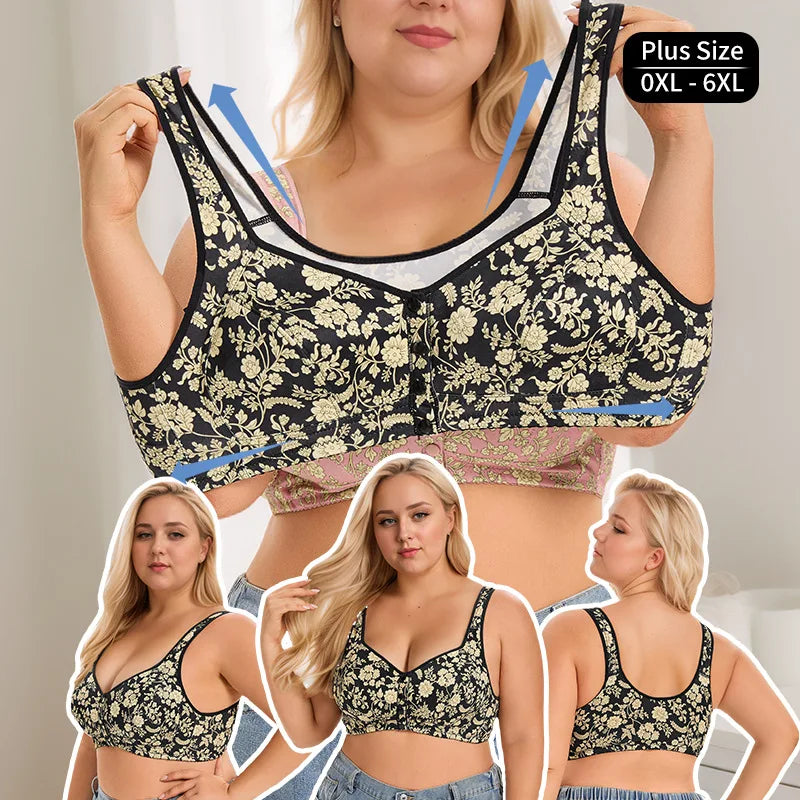 plus Size Front Closure Wireless Floral Print Bra Full Coverage Comfortable Support Bralette for Women Wide Band Everyday Wear