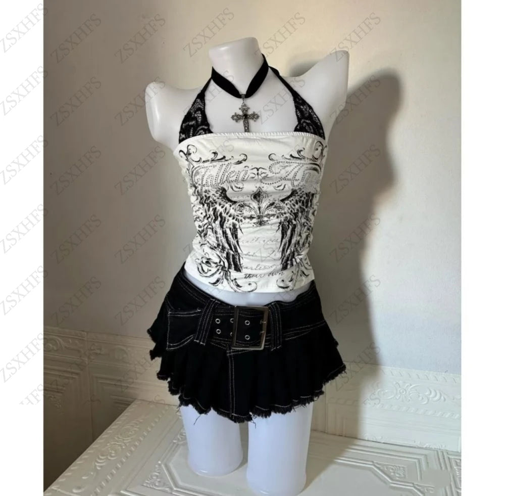 Sexy Lace Y2k Halter Tops Women Clothing Gothic Punk Girl Summer Sling Body Tees Grunge Slim Corset Harajuku Kpop Crop Top Emo